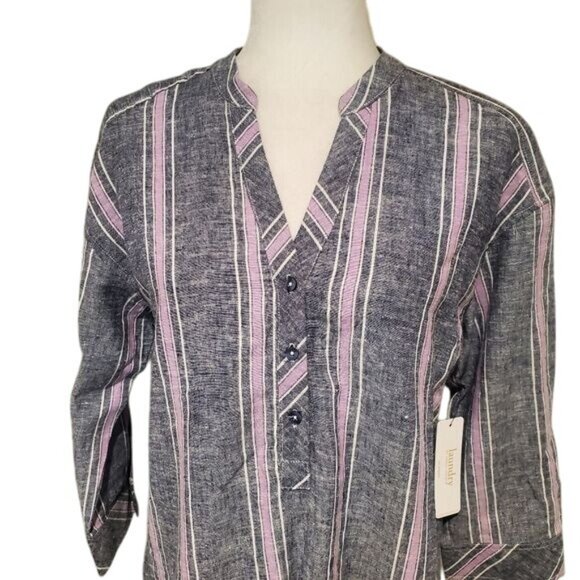 Laundry by shelli segal Linen Blouse Womens Small Blue Striped 3/4 Sleeve Top - Picture 3 of 11